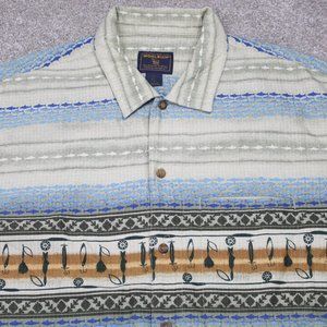 Woolrich Shirt Mens XL Blue/Green w/ Fishing Lure AOP Cotton S/S Button‎ Up